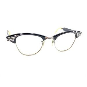 SRC Vintage Black Silver Floral Cat Eye Eyeglasses Frames 44-20 140 USA Retro
